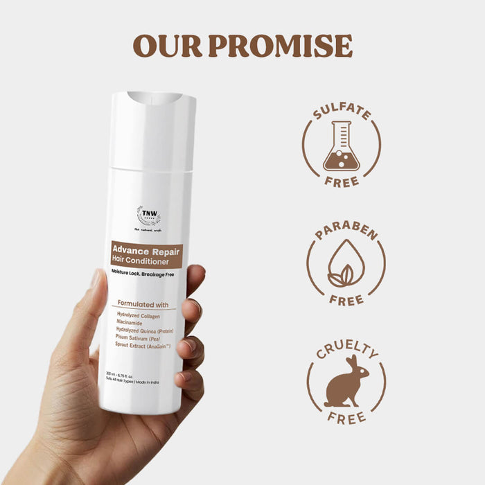 Hand holding a bottle of 'Advance Repair Hair Conditioner' with 'Our Promise' text and icons on a white background.