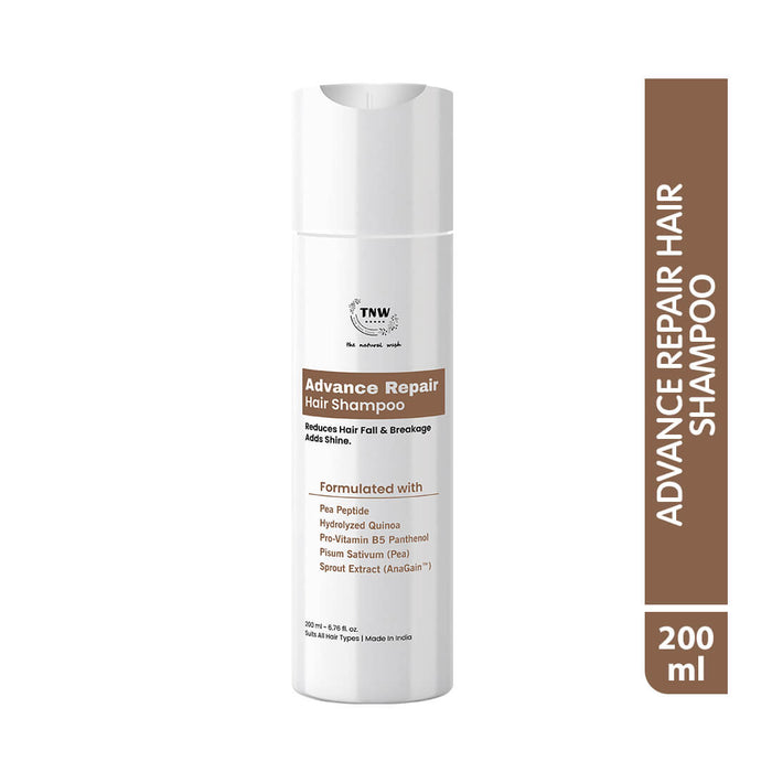 Hair shampoo bottle with packaging labeled 'Advance Repair Hair Shampoo' on a white background