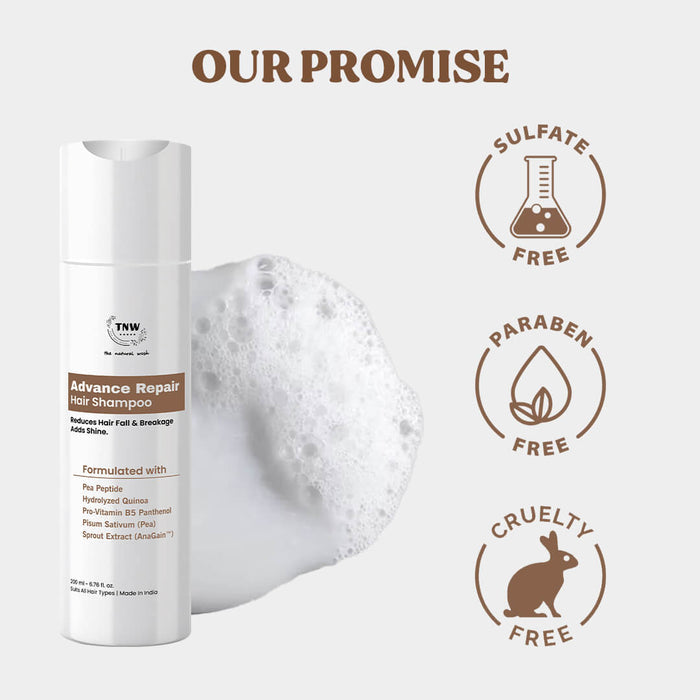 Hair shampoo bottle with 'Our Promise' text and icons on a white background