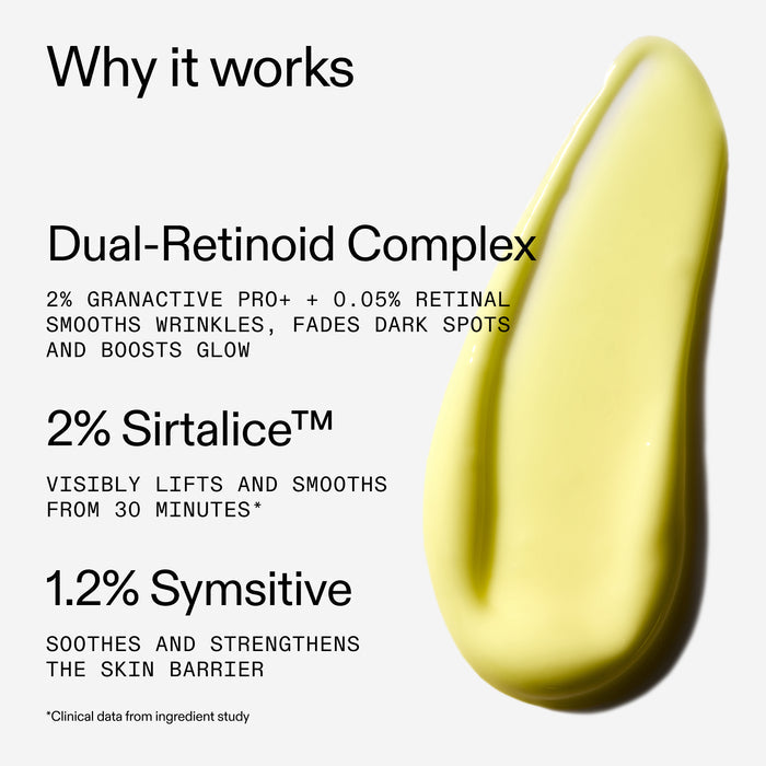 Skincare product with dual-retinoid complex and sirtalice on a white background