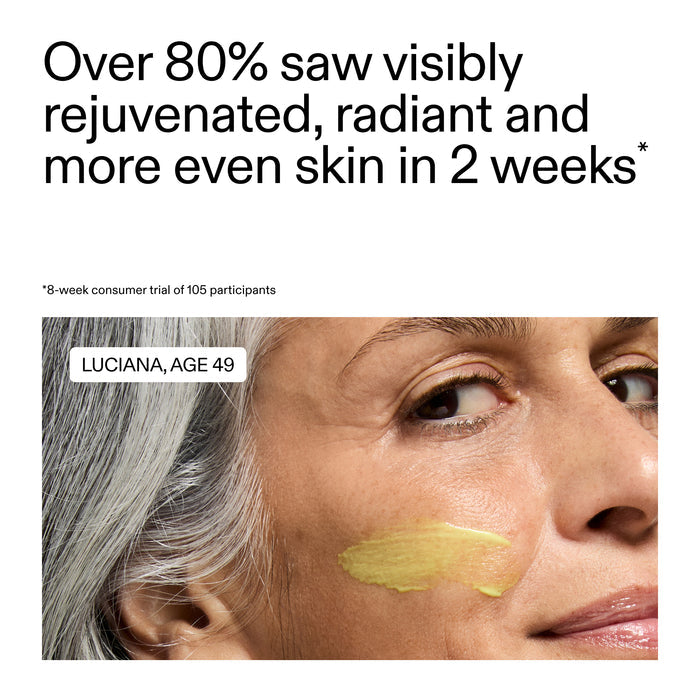 Advertisement for skin care product showing a woman's face with a yellow patch, text about skin rejuvenation, and participant details.