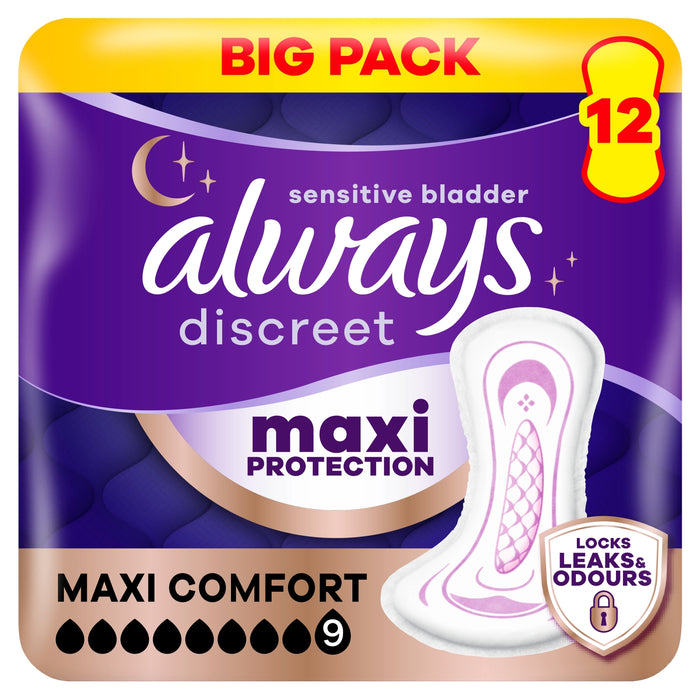 Always Discreet Maxi Comfort Pads 12s purple pack, labelled "Big Pack", Maxi Protection, Locks Leaks & Odours, absorbency level 9