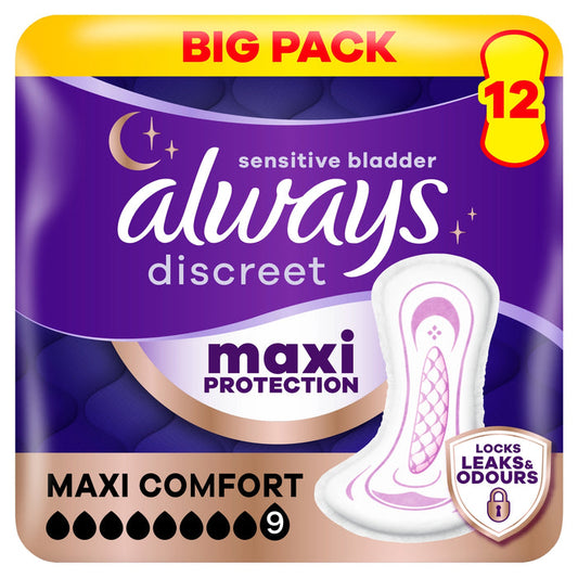 Always Discreet Maxi Comfort Pads 12s purple pack, labelled "Big Pack", Maxi Protection, Locks Leaks & Odours, absorbency level 9