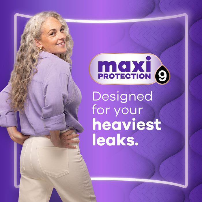 Always Discreet Maxi Comfort Pads on purple background, woman in lilac shirt, text "maxi Protection 9 Designed for your heaviest leaks."