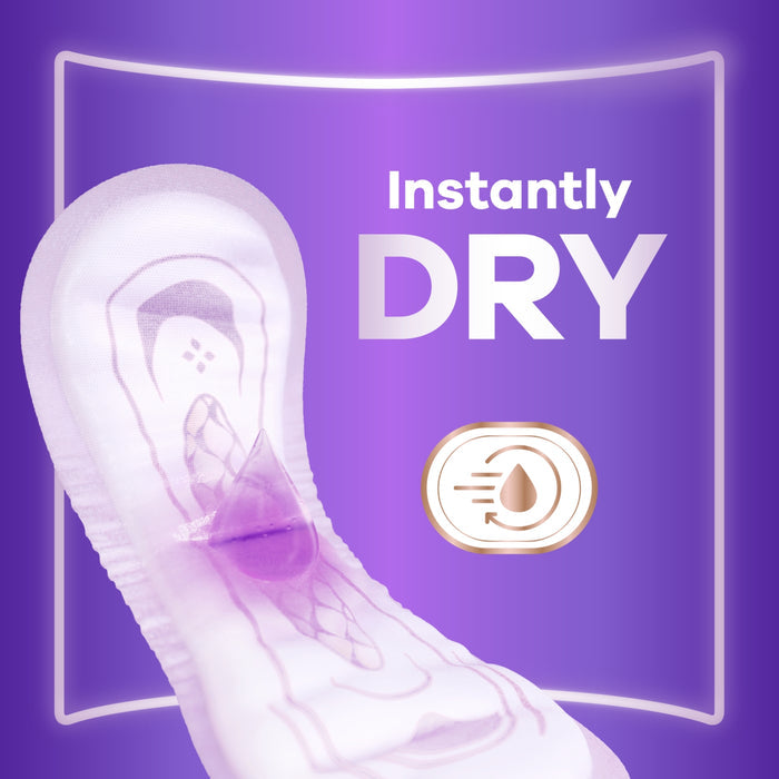 Always Discreet Maxi Comfort pad on purple background with text "Instantly DRY" and absorption icon showing liquid droplet.
