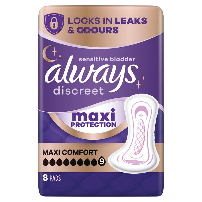 Always Discreet Maxi Comfort Pads 8s purple and gold pack on white background, showing pad image, "Maxi Protection" and "8 Pads" text