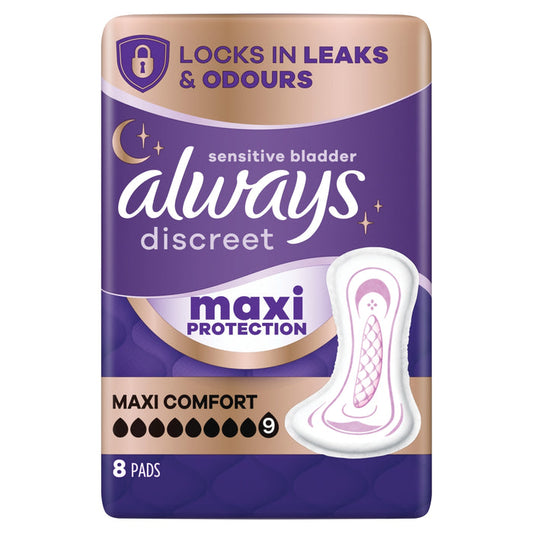 Always Discreet Maxi Comfort Pads 8s purple and gold pack on white background, showing pad image, "Maxi Protection" and "8 Pads" text
