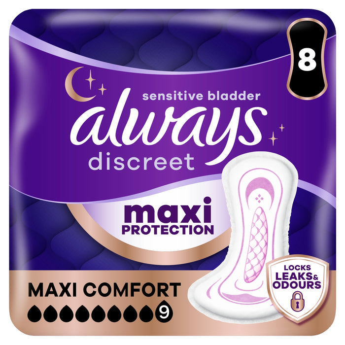 Always Discreet Maxi Comfort Pads 8s purple pack showing pad image, text reads Sensitive Bladder, Maxi Protection, Locks Leaks & Odours, size 9