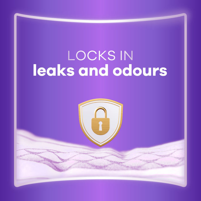 Always Discreet Maxi Comfort Pads on purple background with gold padlock shield icon and text "Locks in leaks and odours"