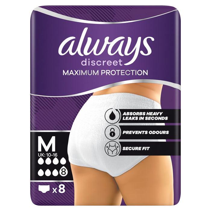 Always Discreet Maximum Protection Medium Pants 8s purple pack, size M UK 10-16, x8 count, on white background.