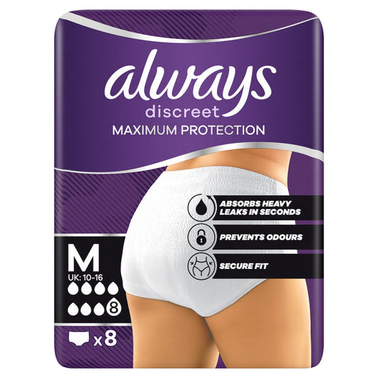 Always Discreet Maximum Protection Medium Pants 8s purple pack, size M UK 10-16, x8 count, on white background.
