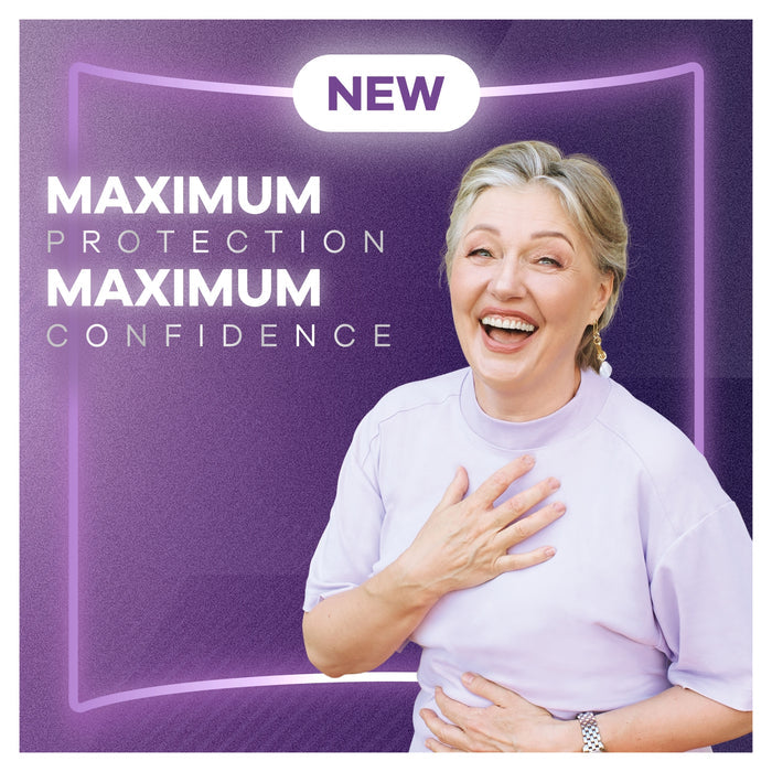 Always Discreet Maximum Protection Medium Pants on purple background, text reads "New" and "Maximum Protection Maximum Confidence", smiling older woman in lilac top.