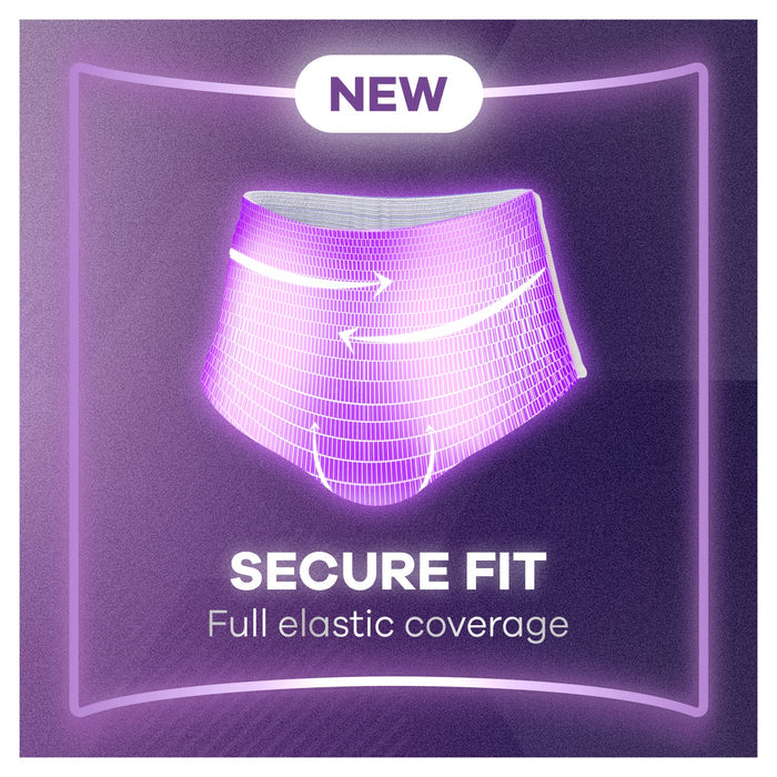 Always Discreet Maximum Protection Medium Pants on purple background, glowing grid illustration, text reads "NEW", "Secure Fit, Full elastic coverage"
