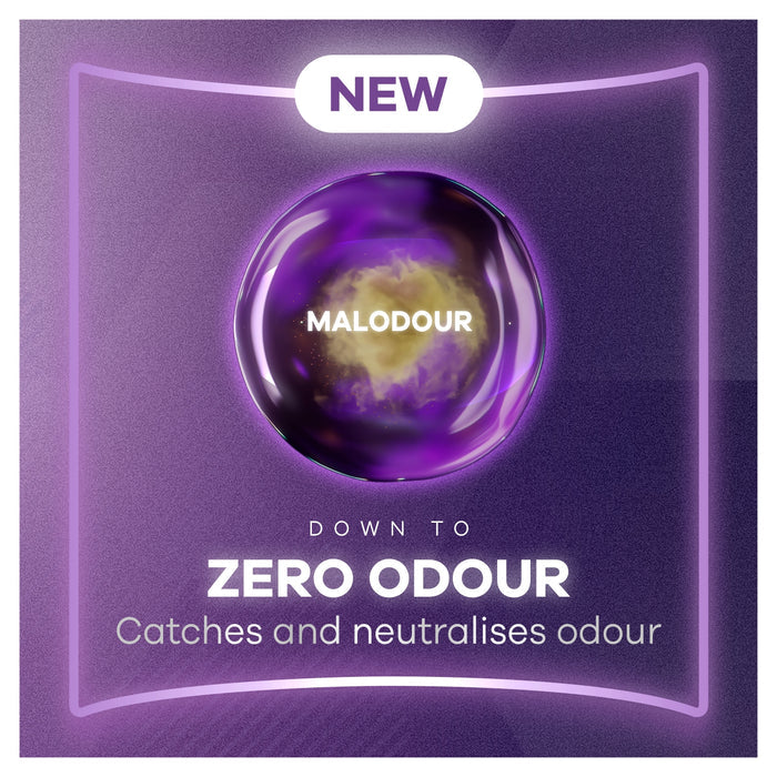 Always Discreet Maximum Protection Medium Pants feature graphic on purple background. Text reads "NEW", "Malodour", "Down To Zero Odour, Catches and neutralises odour"