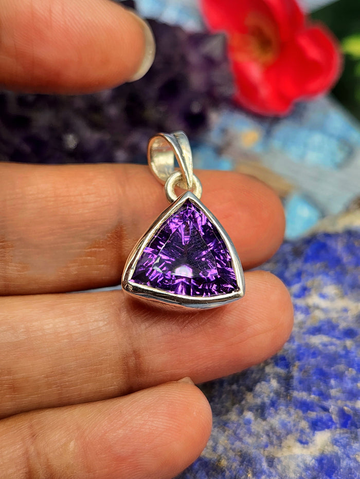 Amethyst Trillion Cut Pendant in 925 Silver with Rhodium Plating: A Radiant Symbol of Spiritual Balance and Elegance