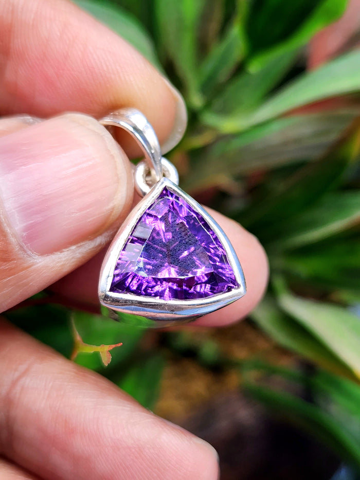 Amethyst Trillion Cut Pendant in 925 Silver with Rhodium Plating: A Radiant Symbol of Spiritual Balance and Elegance