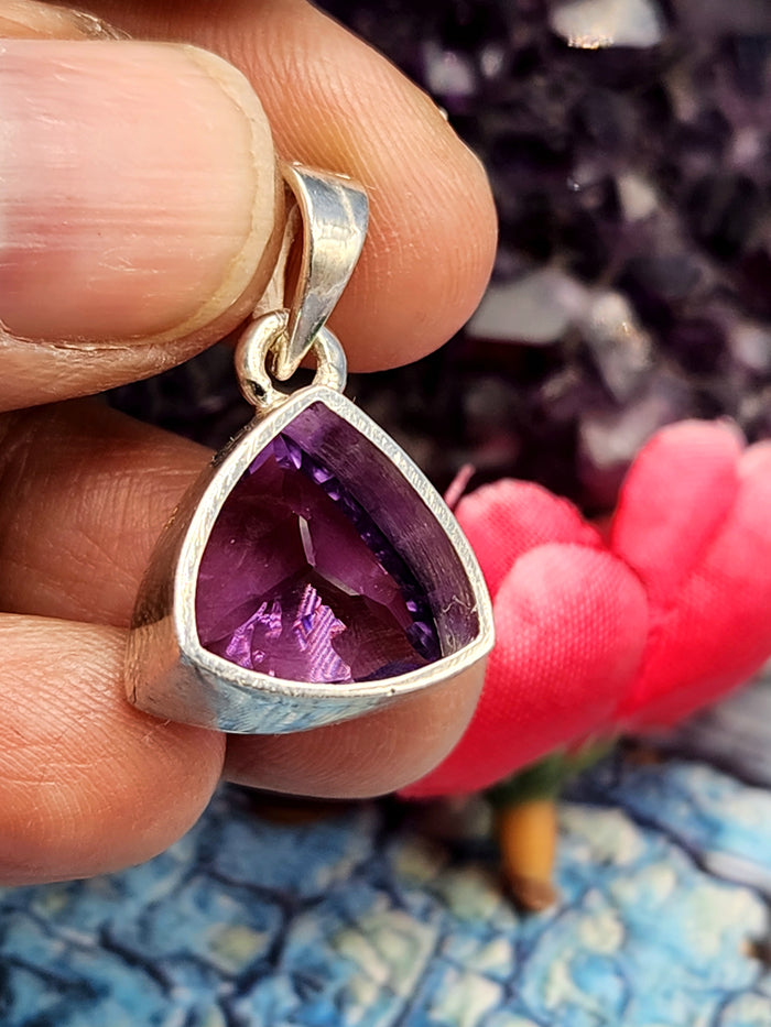 Amethyst Trillion Cut Pendant in 925 Silver with Rhodium Plating: A Radiant Symbol of Spiritual Balance and Elegance