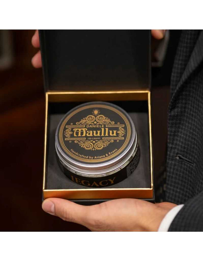 Luxury Daniele Maullu Legacy shaving soap in black and gold box, handcrafted by Ariana & Evans