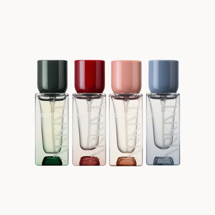 Arkive Headcare Fragrance Discovery Collection EDP 10ml x4 — four glass bottles with green, red, pink, blue caps on white background.