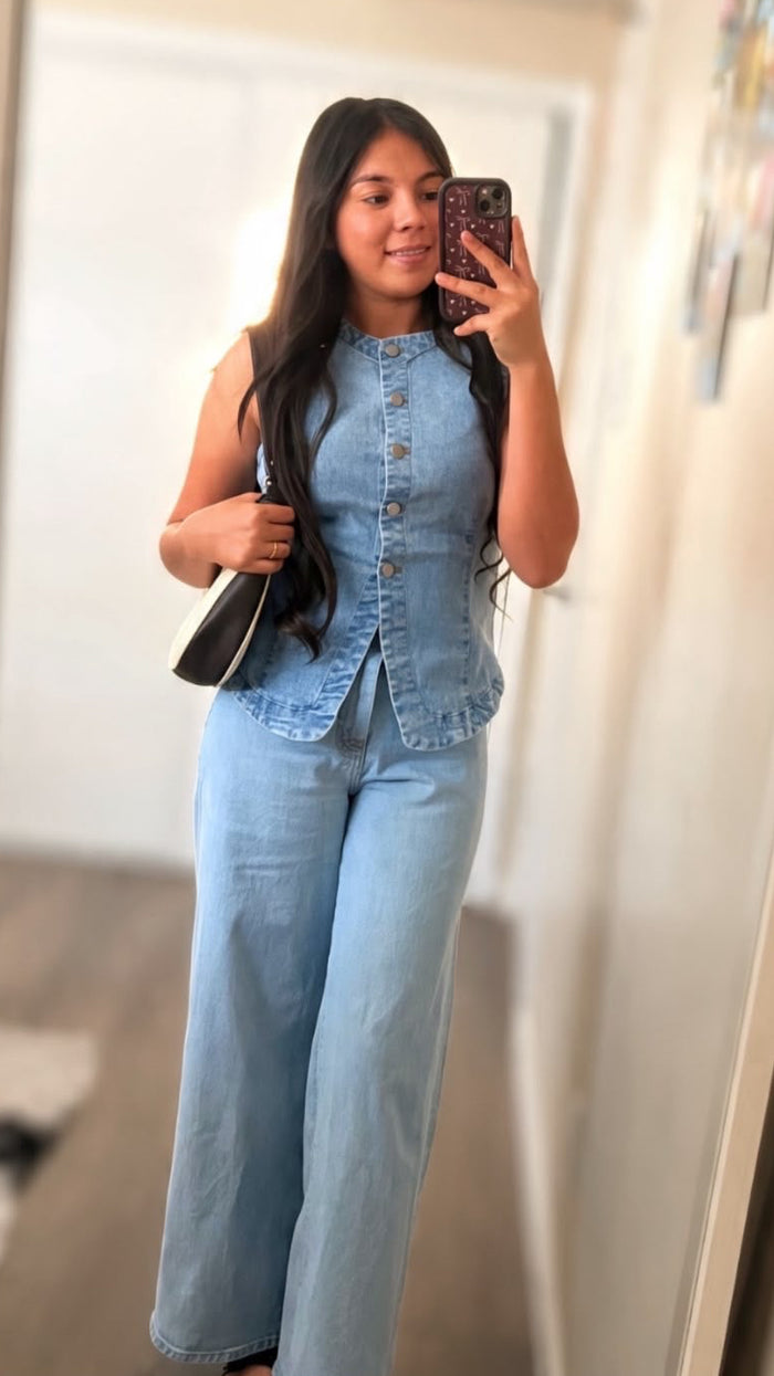 Ava Washed Denim Button Down Vest