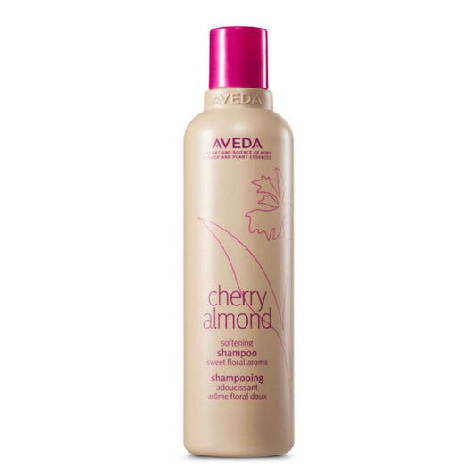 Aveda Cherry Almond Softening Shampoo 250ml in beige bottle with pink cap on white background, labeled "sweet floral aroma"