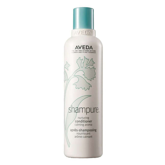 Aveda Shampure Nurturing Conditioner 250ml bottle with teal cap, green botanical print, on white background.