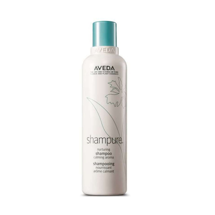 Aveda Shampure Nurturing Shampoo 250ml in a grey bottle with teal cap, floral design, on white background.