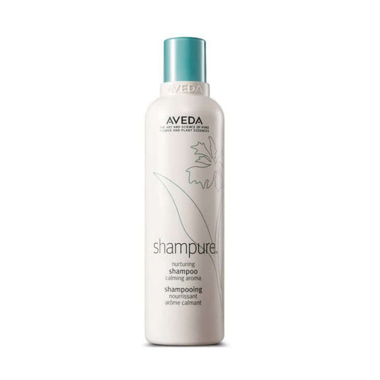 Aveda Shampure Nurturing Shampoo 250ml in a grey bottle with teal cap, floral design, on white background.