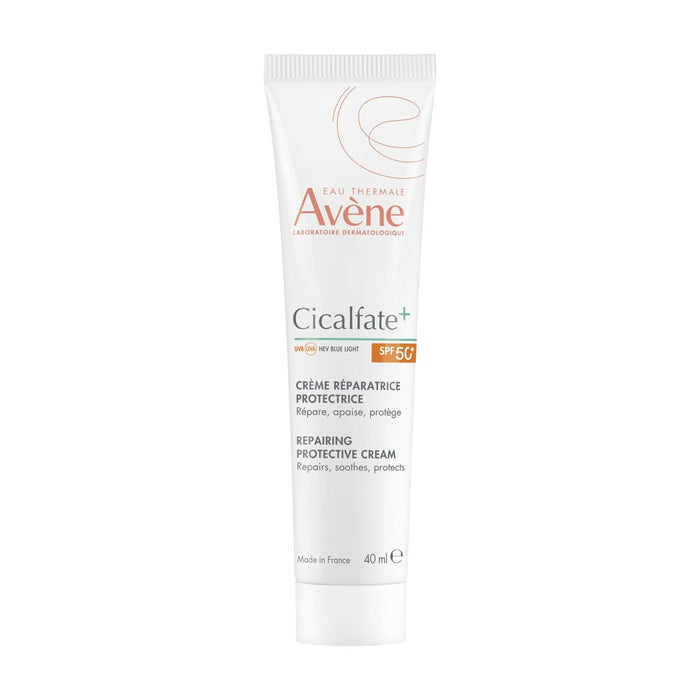 Avène Cicalfate+ Repairing Protective Cream SPF50+ 40ml white tube on white background, labelled Made in France