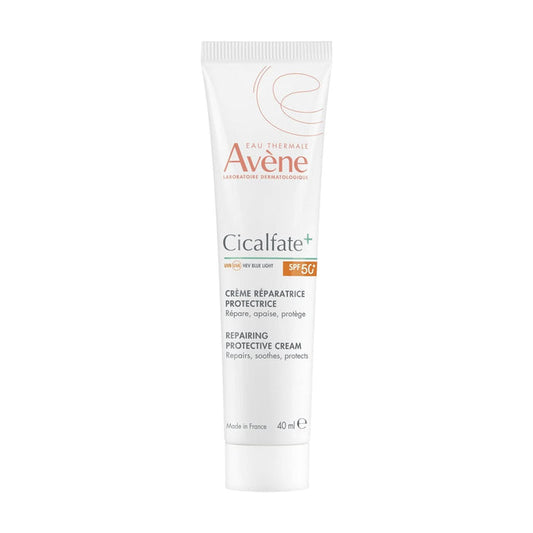 Avène Cicalfate+ Repairing Protective Cream SPF50+ 40ml white tube on white background, labelled Made in France