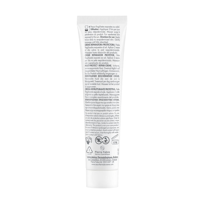 Avene Cicalfate+ Repairing Protective Cream SPF50+ 40ml tube back view showing multilingual instructions on white background.