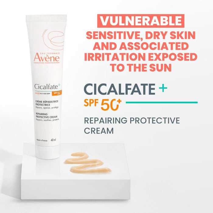 Avene Cicalfate+ Repairing Protective Cream SPF50+ 40ml white tube on white background with cream swatch