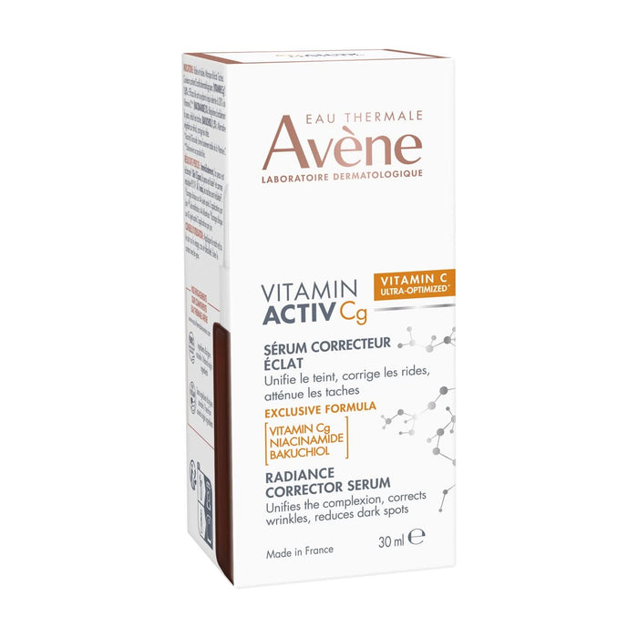 Avène Vitamin Activ Cg Radiance Corrector Serum 30ml box, white with dark red side, on white background