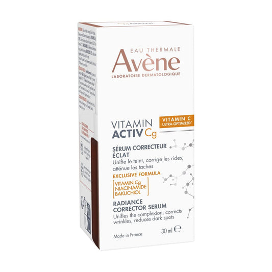 Avène Vitamin Activ Cg Radiance Corrector Serum 30ml box, white with dark red side, on white background