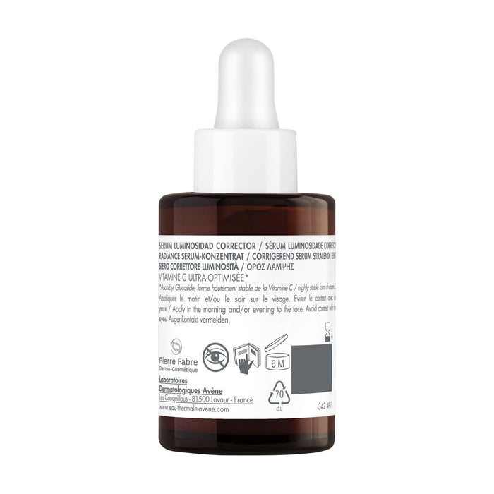 Avene Vitamin Activ CG Serum 30ml back view in dark amber dropper bottle with white pipette on white background