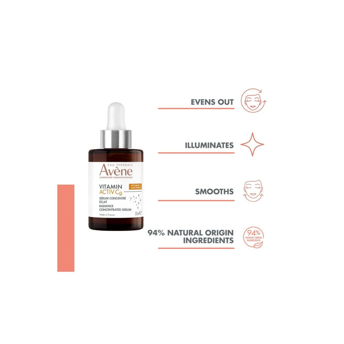 Avene Vitamin Activ Cg 30ml serum in dark dropper bottle on white background with benefit icons: evens out, illuminates, smooths, 94% natural origin ingredients.