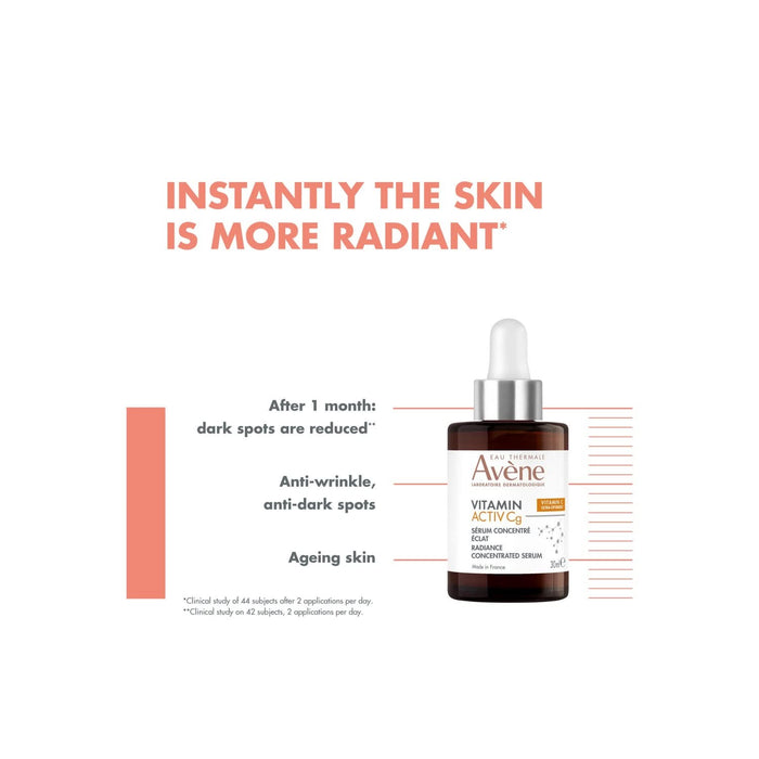 Avène Vitamin Activ Cg Radiance Concentrated Serum 30ml dropper bottle on white background with clinical claims text.