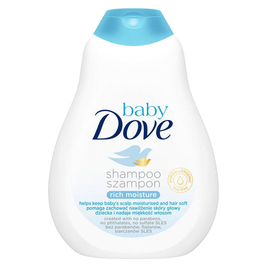 Baby Dove Rich Moisture Shampoo 400ml white bottle with blue cap, labelled "shampoo rich moisture, hypoallergenic, tear free" on white background.