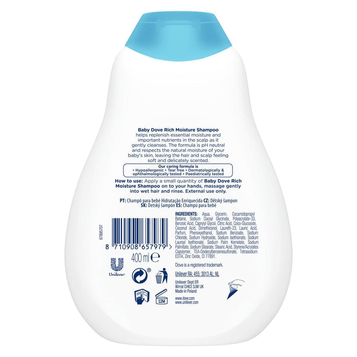 Baby Dove Rich Moisture Shampoo 400ml back view, white bottle with blue cap, ingredients and barcode on white background