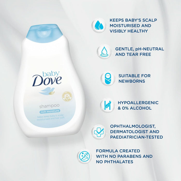 Baby Dove Rich Moisture Shampoo 400ml white bottle with blue cap on grey background, showing hypoallergenic, tear-free, pH-neutral feature icons.