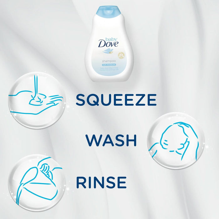 Baby Dove Rich Moisture Shampoo bottle on white background with blue usage icons and text "Squeeze, Wash, Rinse"
