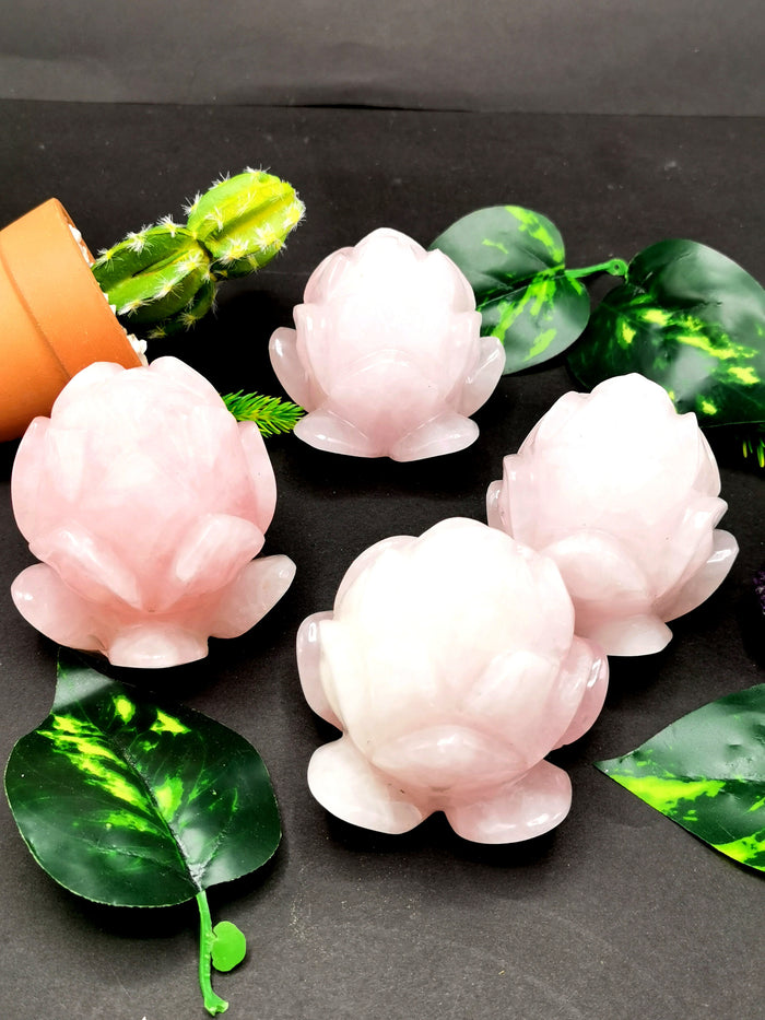 Beautiful rose quartz hand carved lotus flower carving - crystal/gemstone carvings - 3 inch and 350 gms (0.77 lb) - ONE PIECE ONLY - Shwasam
