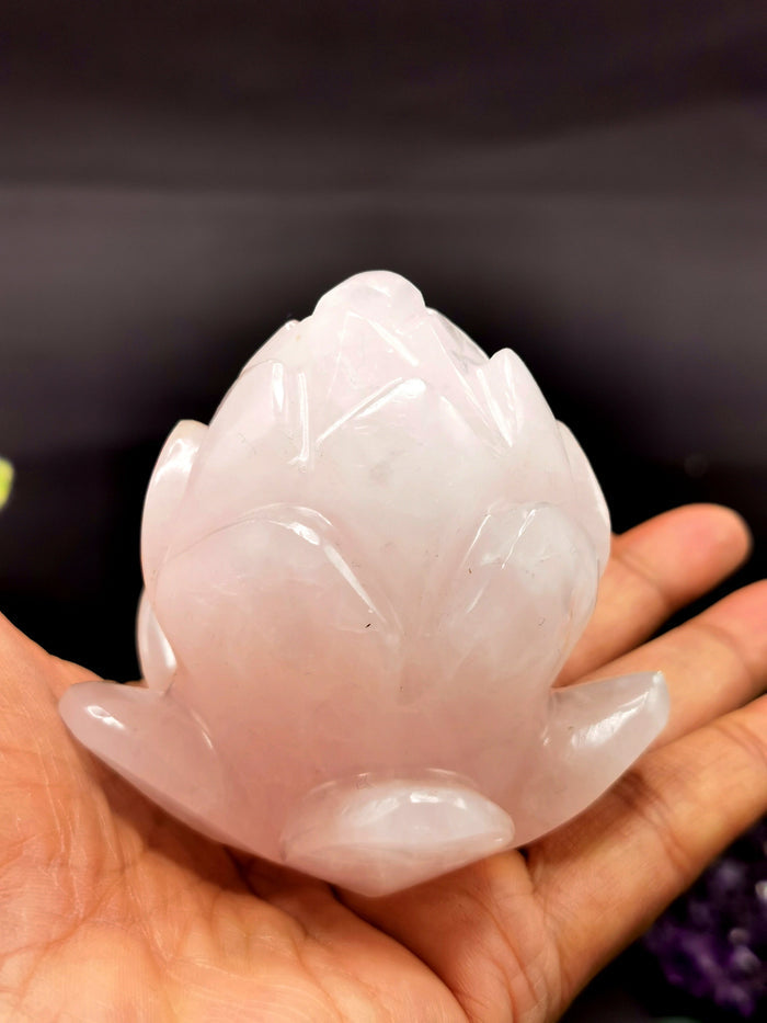 Beautiful rose quartz hand carved lotus flower carving - crystal/gemstone carvings - 3 inch and 350 gms (0.77 lb) - ONE PIECE ONLY - Shwasam