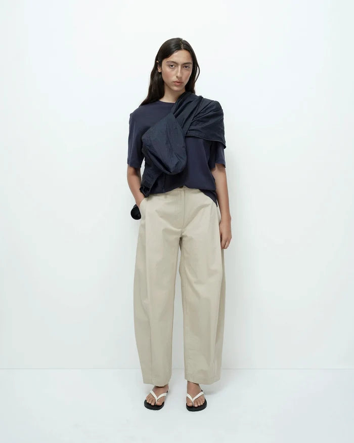 Beige Cotton Barrel Leg Pants