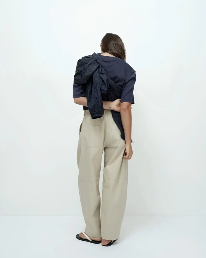Beige Cotton Barrel Leg Pants