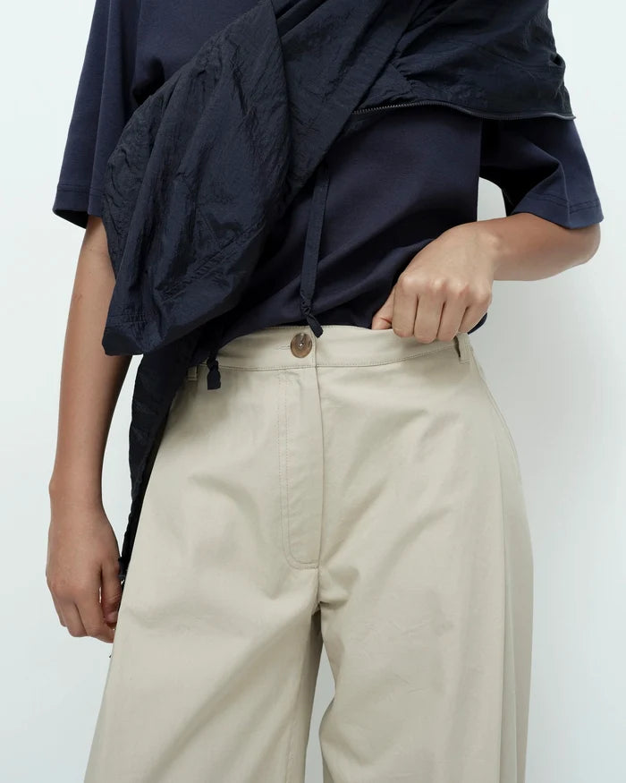 Beige Cotton Barrel Leg Pants
