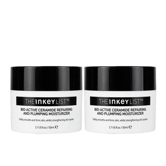 Two white jars of THEinkeyLIST Bio-Active Ceramide Repairing and Plumping Moisturizer with black lids, shown side-by-side on a white background.