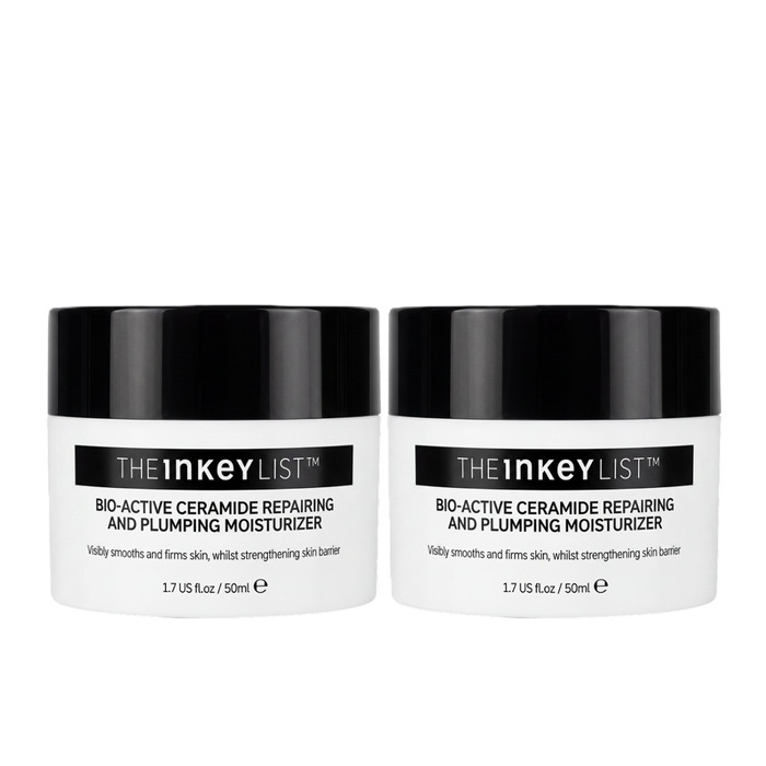 Two white jars of THEinkeyLIST Bio-Active Ceramide Repairing and Plumping Moisturizer with black lids, shown side-by-side on a white background.