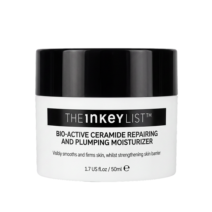 A white cosmetic jar with a glossy black lid, featuring the brand name 'THE INKEY LIST' and product name 'BIO-ACTIVE CERAMIDE REPAIRING AND PLUMPING MOISTURIZER' printed on the front label.