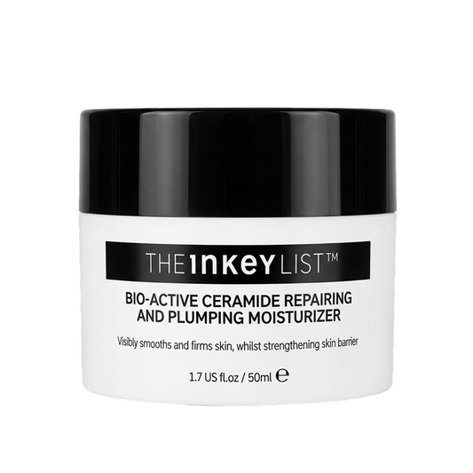 A white cosmetic jar with a glossy black lid, featuring the brand name 'THE INKEY LIST' and product name 'BIO-ACTIVE CERAMIDE REPAIRING AND PLUMPING MOISTURIZER' printed on the front label.
